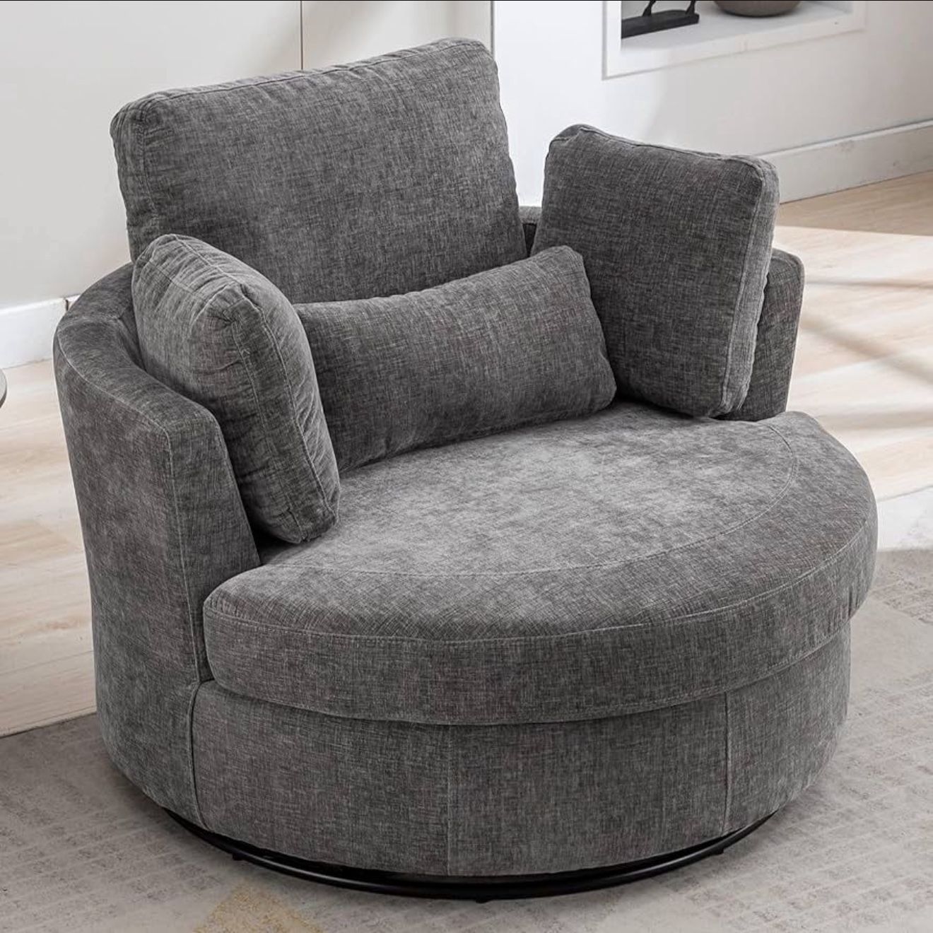 1009-52" W Oversized Swivel Accent Chair, Upholstered Round Barrel Chair, Chenille, Gray