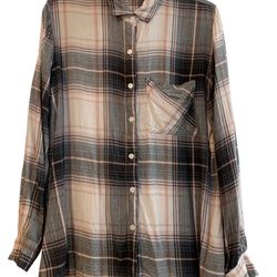 CHARLOTTE RUSSE Shirt Plaid Pastel Pink Cream Gray Black Button Up Women’s Large