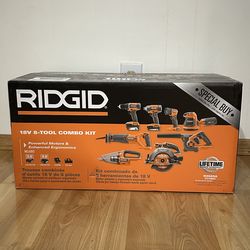 RIDGID 18V Cordless 8-Tool Combo Kit with 2.0 Ah Battery, 4.0 Ah Battery, Charger, and Tool Bag