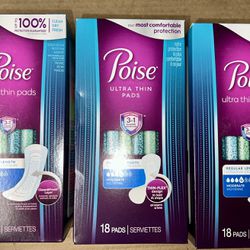 3 Poise Ultra Thin Incontinence Pads, Moderate Absorbency, Regular Length 18 Ct