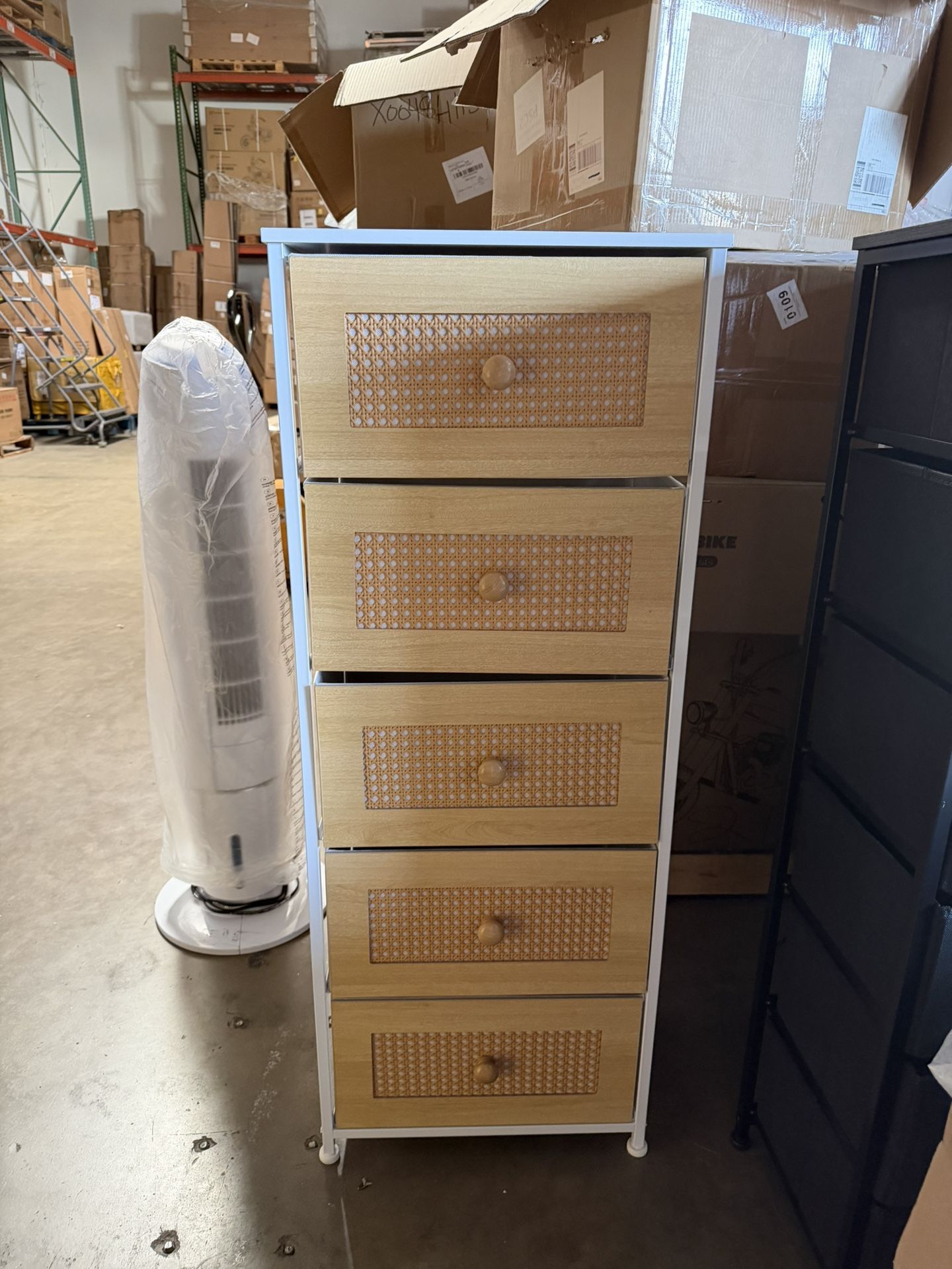 Rattan Dresser, Tall Fabric Storage Tower, Chests of Drawers with Handles - Organizer Unit for Bedroom, Hallway, Entryway, Closets - 6 Drawers (White 