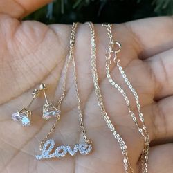 Set De Cadena Love Y Aretes 💓14 Kt De Oro Italiano Garantizado 