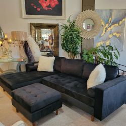Black Mid-Century Modern Reversable Sectional with Ottoman Microfiber