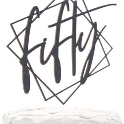 50th Birthday Cake Topper - fifty - with Modern Geometric Frame - Double Sided Black Glitter