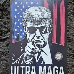 Vintage retro style metal sign President Donald Trump in front of American USA flag red white blue about 8 inches x 12" Can be put up with nails 4 pre