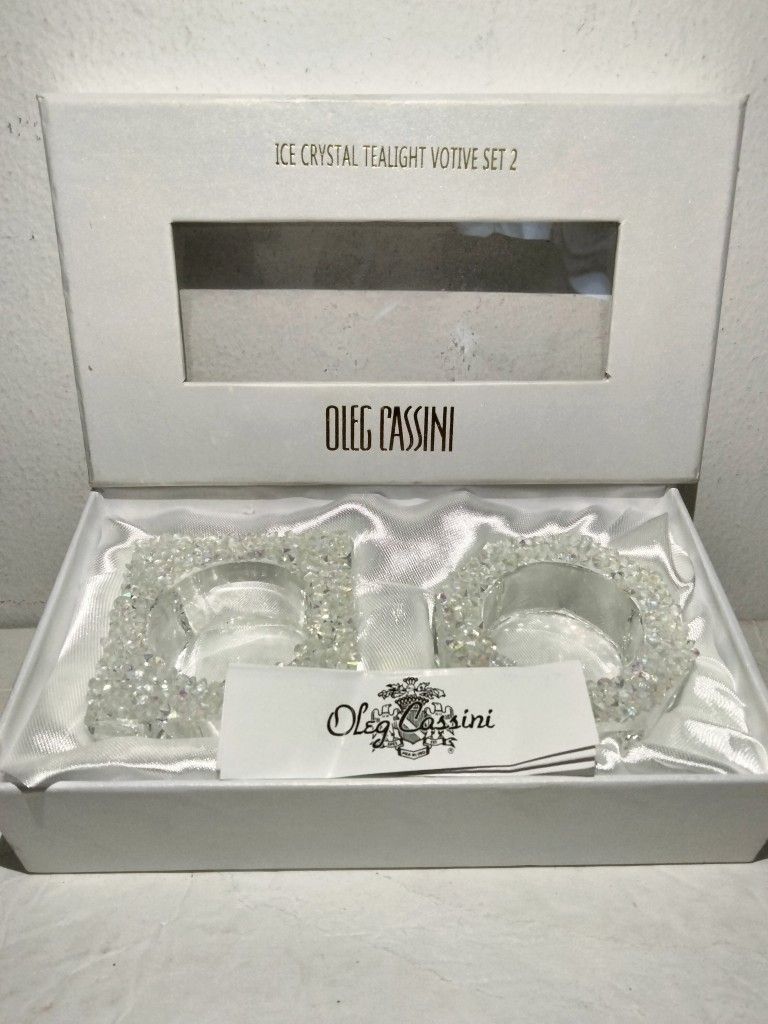 Oleg Cassini Signed Ice Crystal Tealight Votive Set,2 Candle Holders New In Box