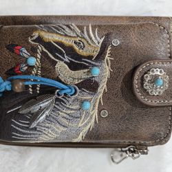 Brown Embroidered Horse Crossbody Western Phone Wallet 