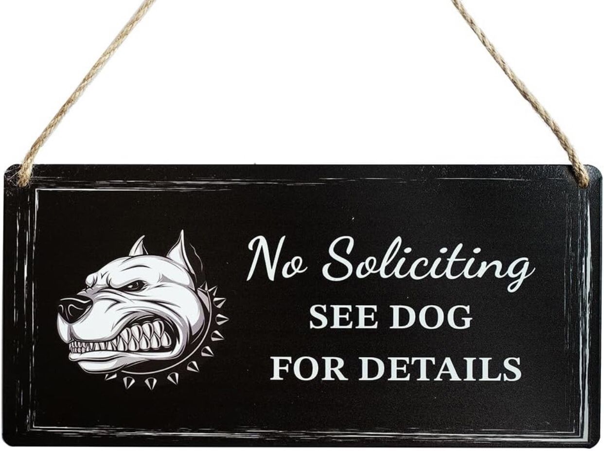 Metal Sign, No Soliciting Sign for House Funny, No Soliciting See Dog for Details, No Soliciting Signs for Home or Office, Jute Rope Included, 11.75 x
