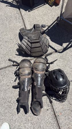 Catchers gear with face mask, chest protector, and adjustable shinguards