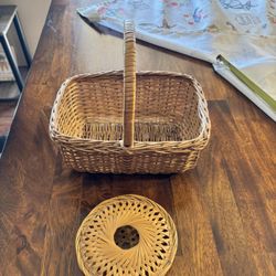 Vintage Rectangular Woven Wicker Gathering Market Basket w Handle 