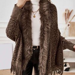 Leopard Print Fuzzy Trim Fringe Hem Batwing Sleeve Cardigan, Women's Casual Colorblock Fluffy Spring/Autumn, Fringe Batwing Sleeve Regular Fit Mult