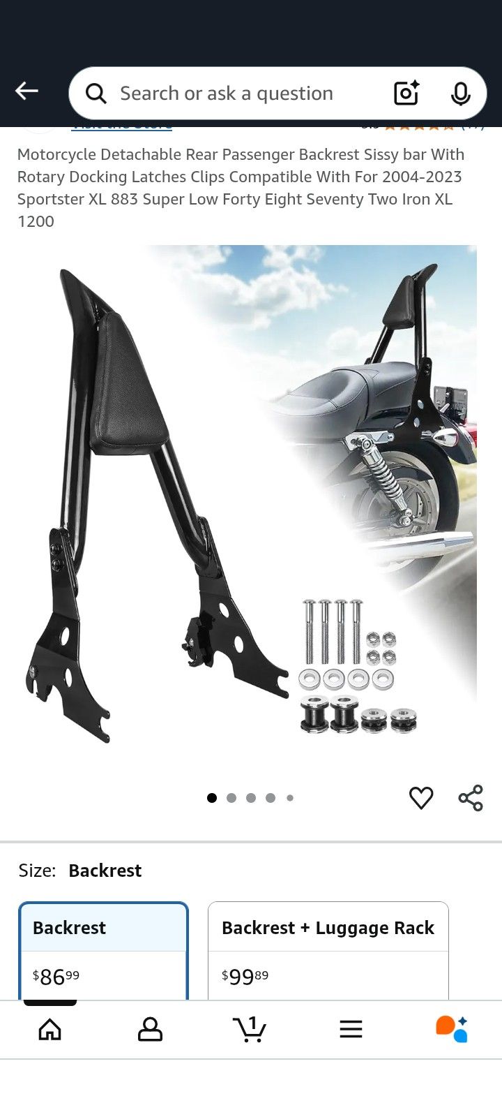 2646 Detachable Passenger Backrest Sissy bar with Back Rest Pad Rotary Docking Latches Clips Compatible with for 2004-2023 Harley Sportster X