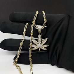 14k Solid Figaro Rope  Chain  And Diamond Marihuana Weed  Leaf Charm Pendant  💎 , Necklance