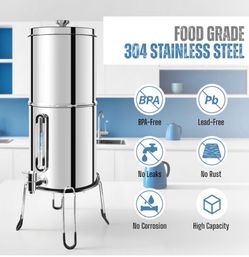 2.25G Gravity Water Filter with Level Window – 3-Stage Stainless Steel System, 2 Washable Ceramic Filters, No Electricity Needed