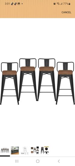 HAOBO Home 24" Low Back Metal Counter Stool Height Bar Stools with Wooden Seat [Set of 4] Barstools, Matte Black