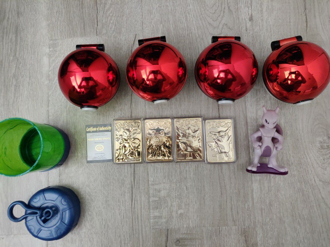 Pokemon Collectable Gold Plates, PokeBalls, and Mewtwo Toy