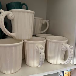 White Ceramic Mugs with Decorative Handles