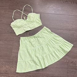 H&M Green/White Gingham Skirt Set