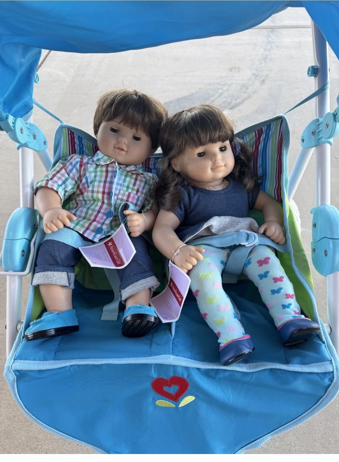 American Girl Bitty Baby Brunette Girl & Boy Twin Dolls W/Stroller