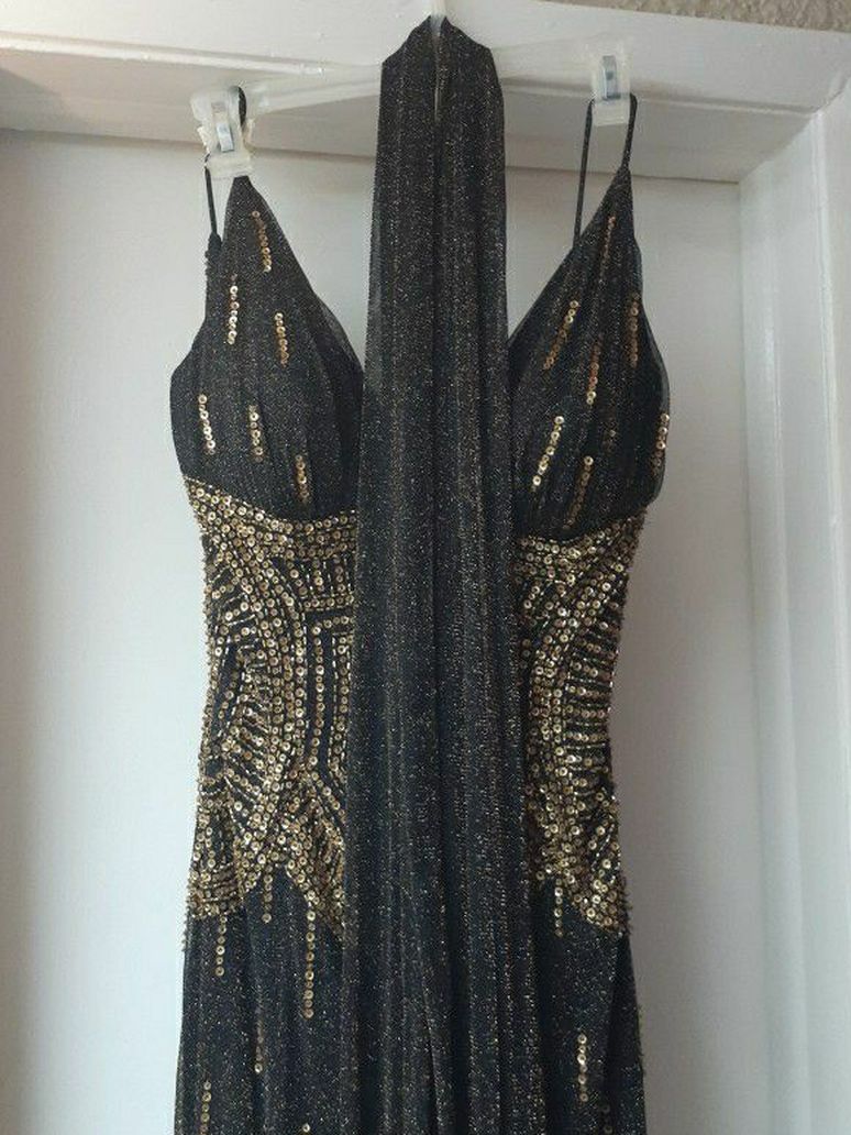Cach'e Dress Gold Sequin And Beads on Black Silk ,with Scarf Also