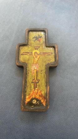 Antique hand painted Christ icon on wood cross