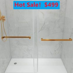 72 in. W x 76 in. H Double Sliding Frameless Shower Door in Brushed Gold with Smooth Sliding and 3/8 in. Glass ON SALE
