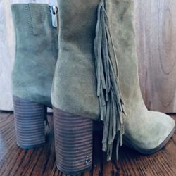 Sam Edelman Ona Olive Suede Leather Almond Toe Block Heel Zipper Fringe Boots