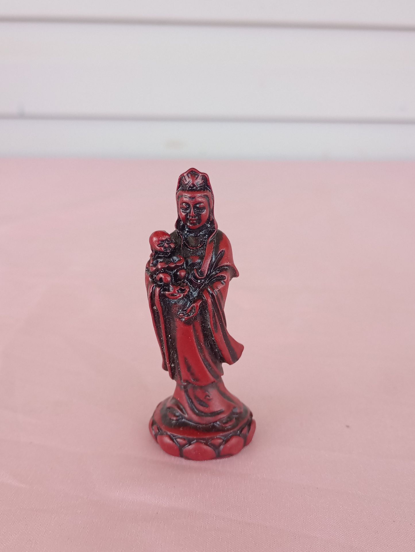 Quan Yin Kwan Yin w/Infant Figurine Cinnabar Resin Buddism Statue 3" Tall
