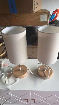 Set of 2 Modern Table Lamps – Wood Base & Neutral Fabric Shade