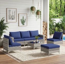 Gray 7-Piece Wicker Outdoor Patio Conversation Set with Blue Cushions and Glass Coffee Table