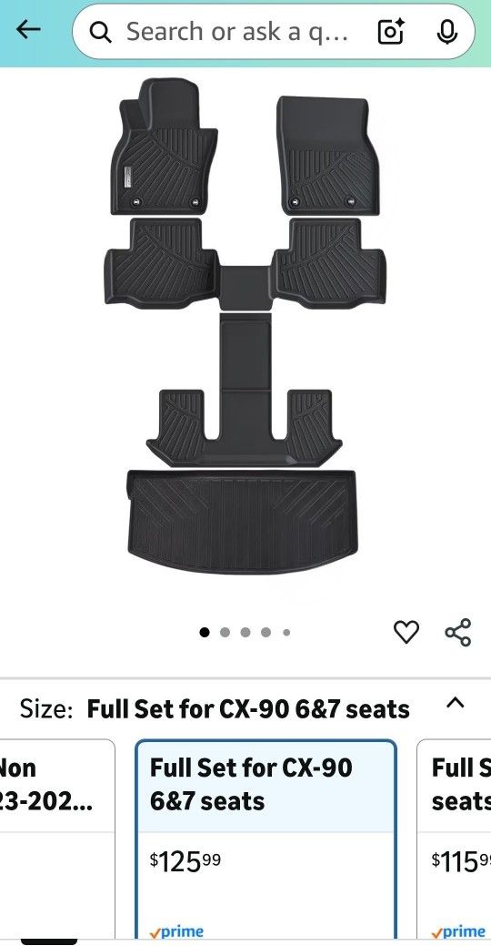 Floor Mats & Cargo Liner for 2024 2025 Mazda CX90 & CX-90 PHEV 2nd Row Bucket Seats,1st & 2nd & 3rd Row with Trunk mat Full Set,
Brand new 
$100