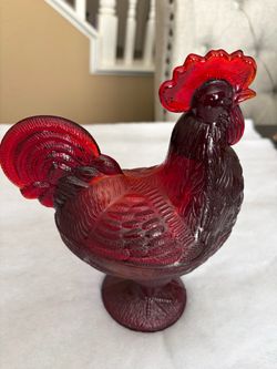 Red Glass Rooster Figurine Candy Dish