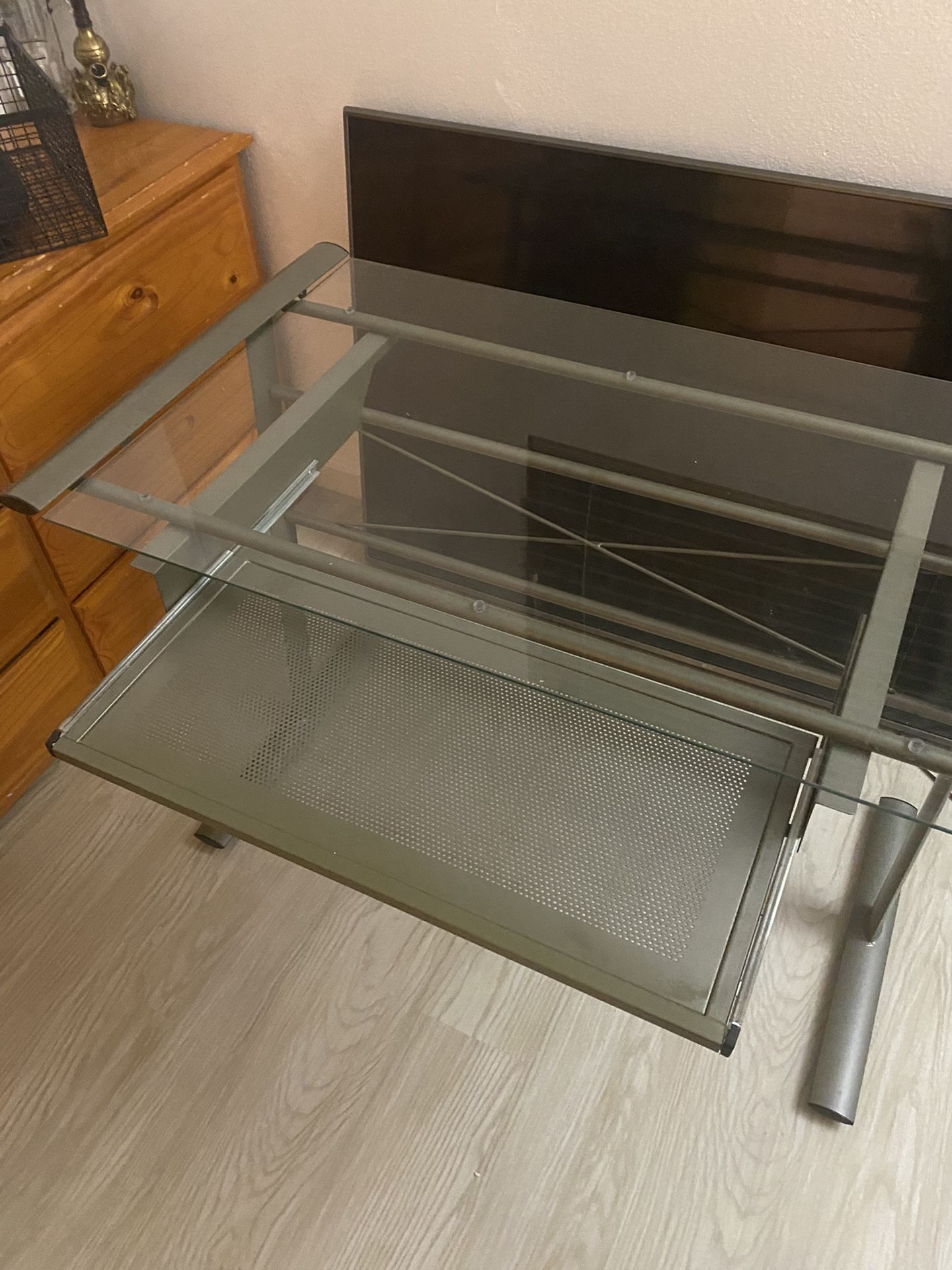 Glass Computer Desk Table Top Metal Frame Modern Working Home Laptop