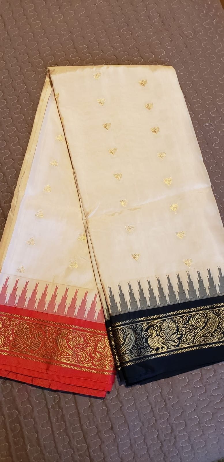 Beautiful Biscuit Color Pure Silk Gadwal Sari With Red & Black Border