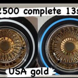 BRAND NEW GOLD 13”x7” Lowrider Wire Wheels Complete /Remington Tires 