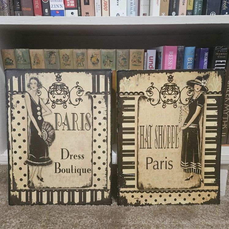 Paris Vintage Metal Wall Art Set Of 2 Dress Boutique Hat Shoppe 1930s Kimberly Poloson