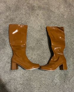 Brown Glossy Patent Knee-High Heeled Boots