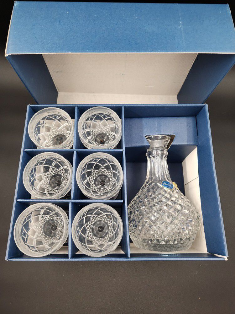 Vintage Bohemia Crystal Decanter With Six Glasses