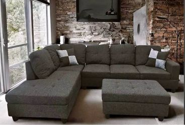 Charcoal linen sectional couch and ottoman