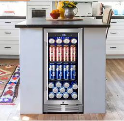 15 in. Built-In Single Zone 170-Can Beverage Refrigerator in Stainless Steel with Blue LED Interior