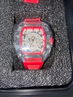 Skeleton Dial Transparent Case Watch Red Strap