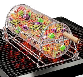2-in-1 Rolling Grill Basket 304 Stainless Steel Rotatable with Dual Handles Crank & Straight Grip Handles, Grill Net for Vegetables Shrimp & More, Ide