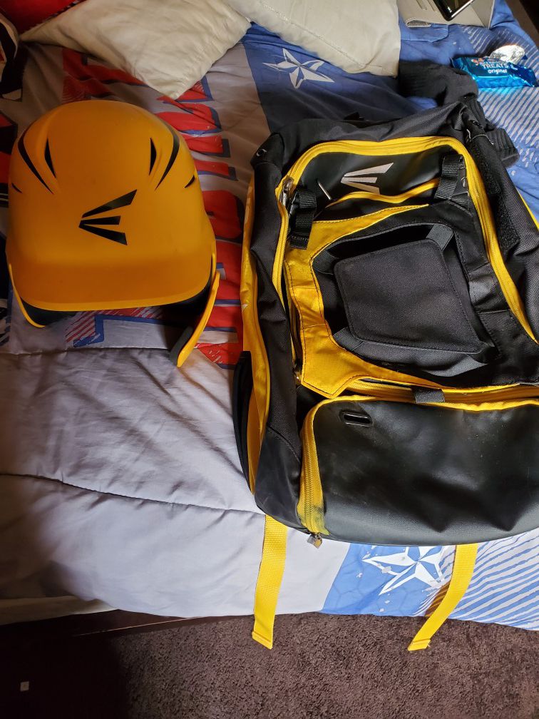 Easton Yellow Baseball helmet with face guard and Easton baseball bag