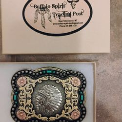 Nocona Antiqued Silver Skull Chief with Gold Scrolling and Turquoise Accents Rectangle Belt Buckle