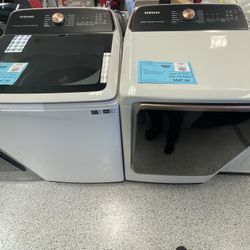 New Open Box Samsung Ivory Top Load Washer Electric Dryer Set 