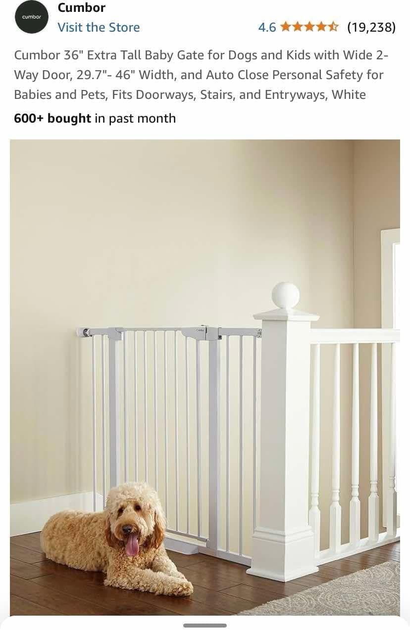 Cumbor 36" Extra Tall Baby Dog Gate Wide 2-Way Door, 29.7"- 46" Width Auto Close White Metal NEW
