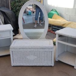Vintage Wicker Trunk Two Night Tables And Mirror 