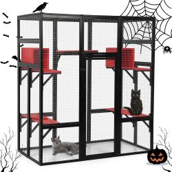 71Inches Large Wood Catio Outdoor Cat Enclosure with Perches and Condos, Cat House Indoor with Waterproof Roof, Cat Shelter