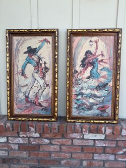 Vintage Al Theri Flamenco Dancers Framed Oil Paintings - Pair