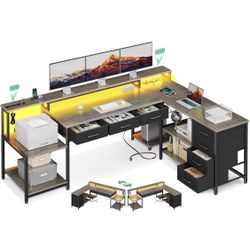 79" L Shaped Desk with 7 File Drawers, L Shaped Computer Desk with 2 Power Outlets & Monitor Shelf